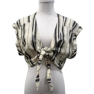 Free People Striped Tie Front Cropped Linen Blend Top Boho Cottagecore 6 NEW